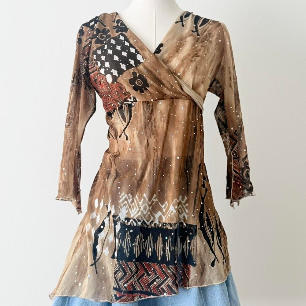 Y2k Boho Fairy Core Sheer Sequin Top L Lightweight Flowy